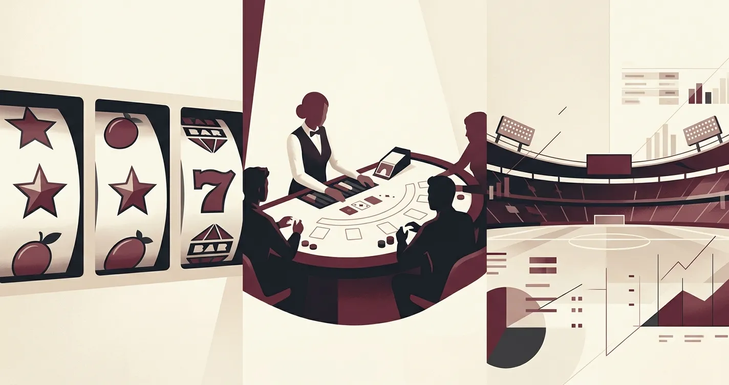 Illustratie met slots, live tafels en sportweddenschappen als drie spelcategorieën