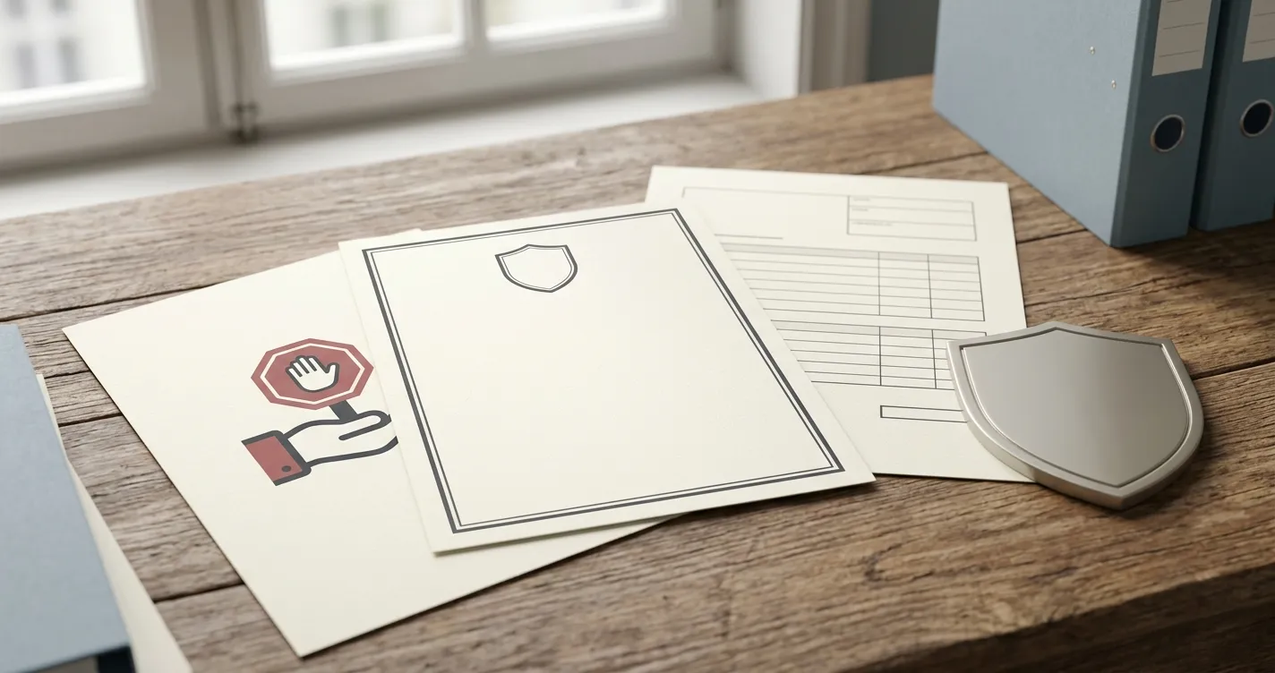 Nederlandse compliance-illustratie met vergunning, belasting en zelfuitsluiting als abstracte concepten
