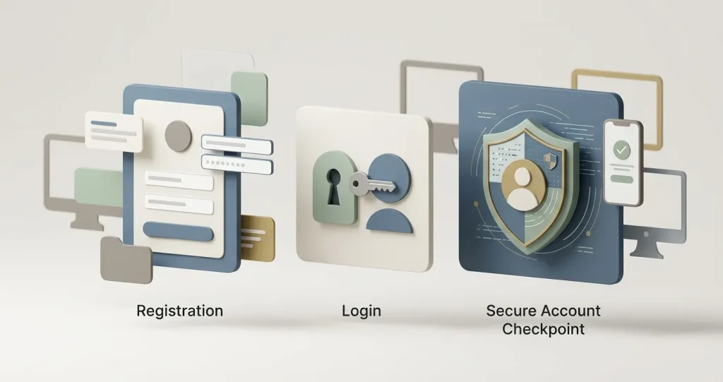 Illustratie van accountregistratie, login en beveiligde accountstappen