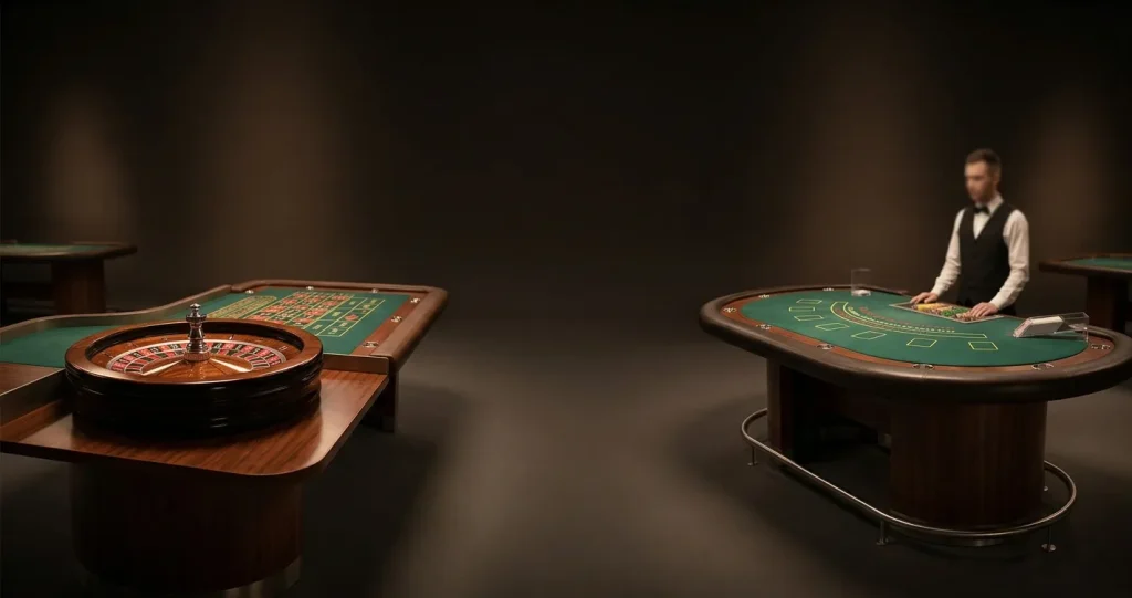 Illustratie van een live-casinostudio met roulette- en blackjacktafel