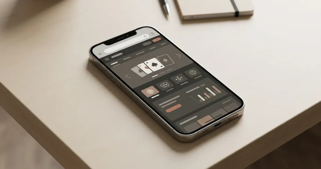 Illustratie van een smartphone met een generieke casino-interface in een mobiele browser