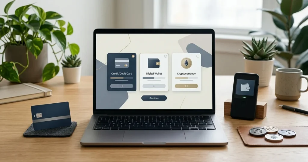 Illustratie van een stortingskeuze met kaart, e-wallet en cryptowallet