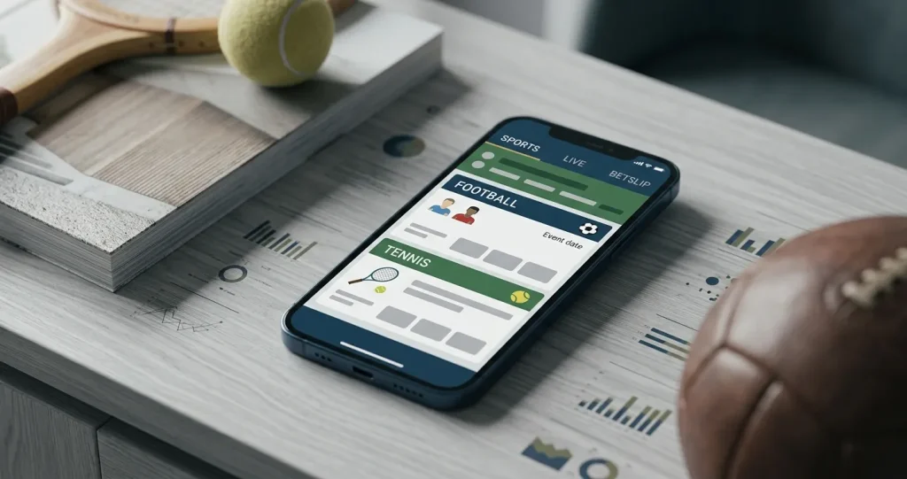 Neutrale illustratie van sportweddenschappen met voetbal, tennis en een generieke betslip